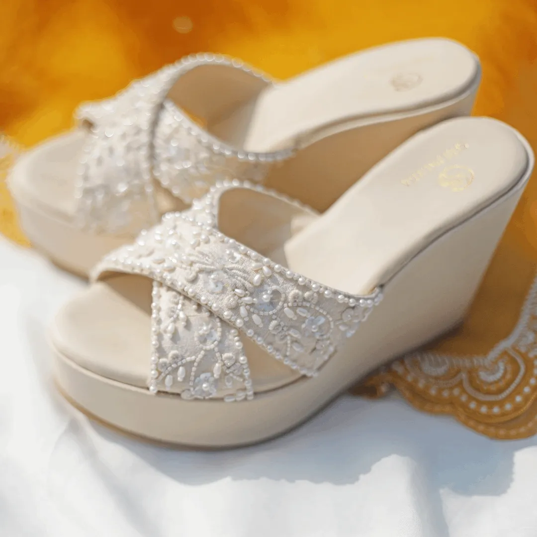 White Pearl Crystal Embedded Height Booster Wedges - Elegant Comfort