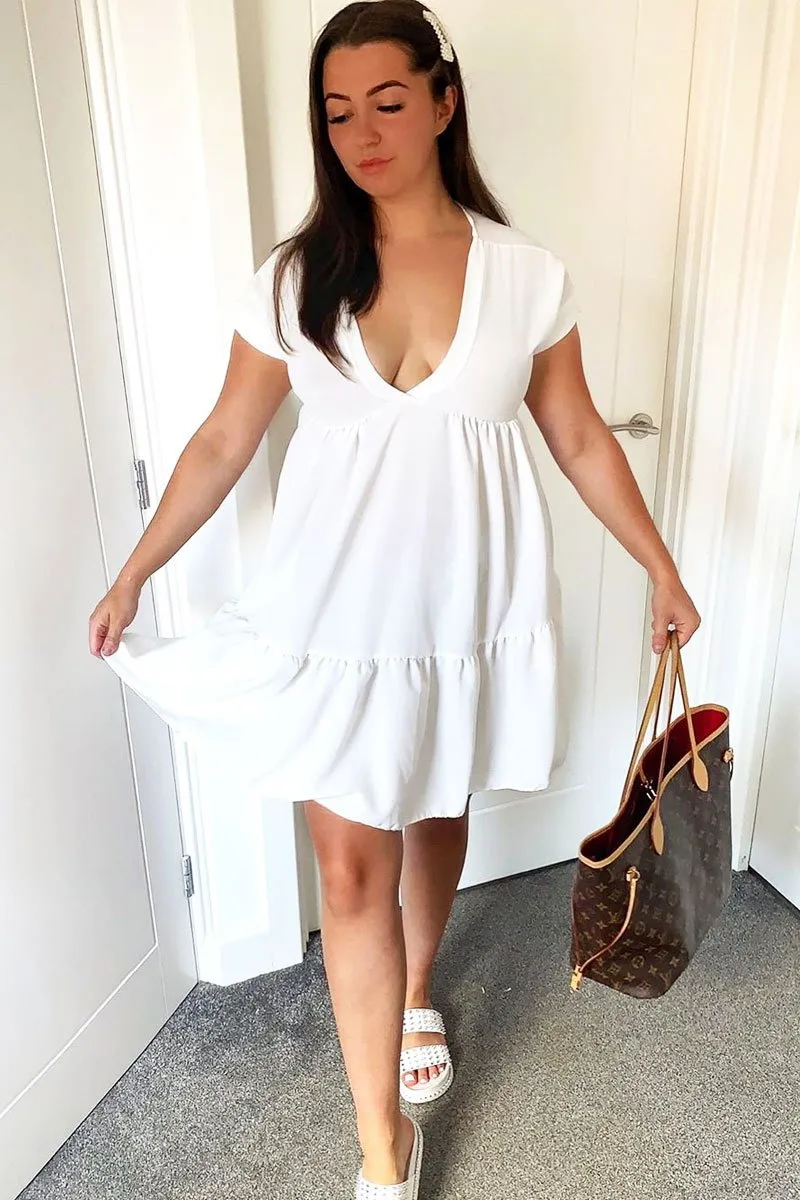 White Plunge Neckline Tiered Dress - Caralyn