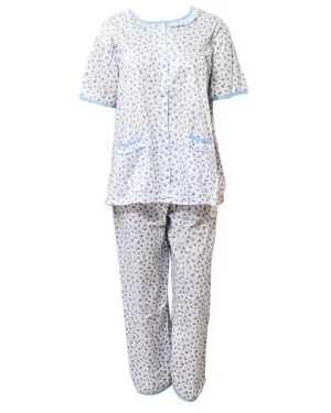 White Printed 2 Pcs Pocket Nightdress For Girls Front Open - Women Nightdress