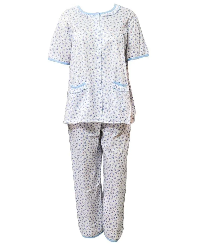 White Printed 2 Pcs Pocket Nightdress For Girls Front Open - Women Nightdress