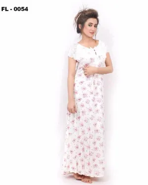 White With Purple Flower Print Flourish Night Gown - FL-0054