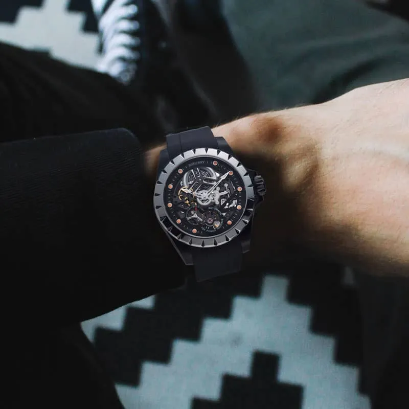 WINDMILL - Original Skeleton Hi-beat(28,800 bph) with 72 hrs Power-reserve Automatic Watch | Black Dial & Black Leather Strap