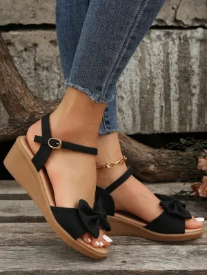 Women Bow Decor Ankle Strap Sandals, Elegant Outdoor Wedge Sandals
