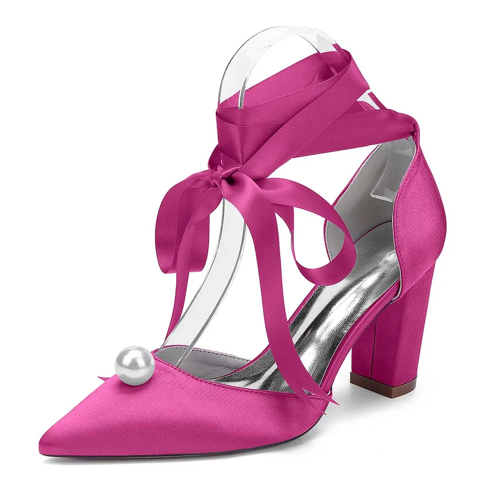 Women Chunky Heel Dress Shoes With Pearl Prom Heels Bridal Wedding Shoes