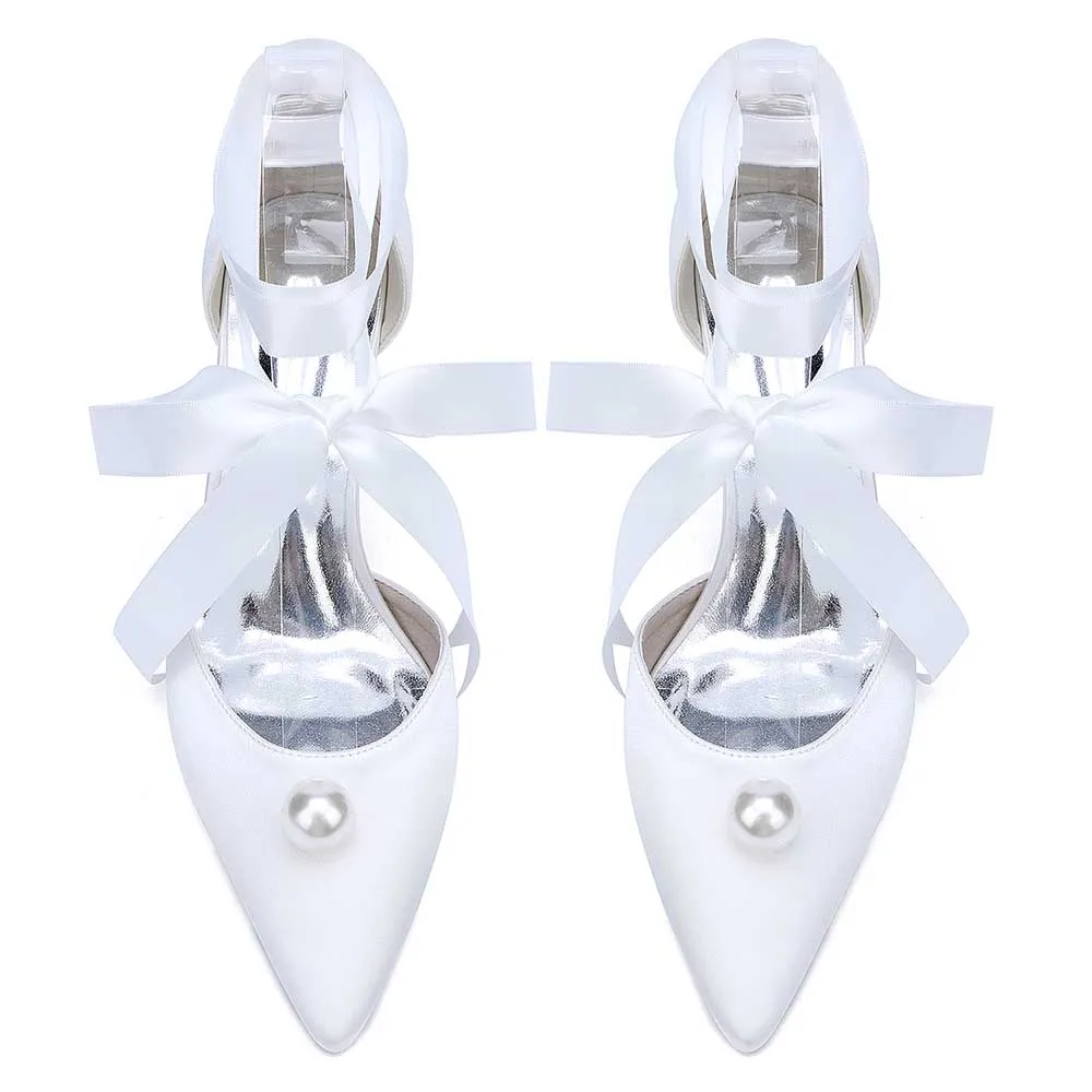 Women Chunky Heel Dress Shoes With Pearl Prom Heels Bridal Wedding Shoes