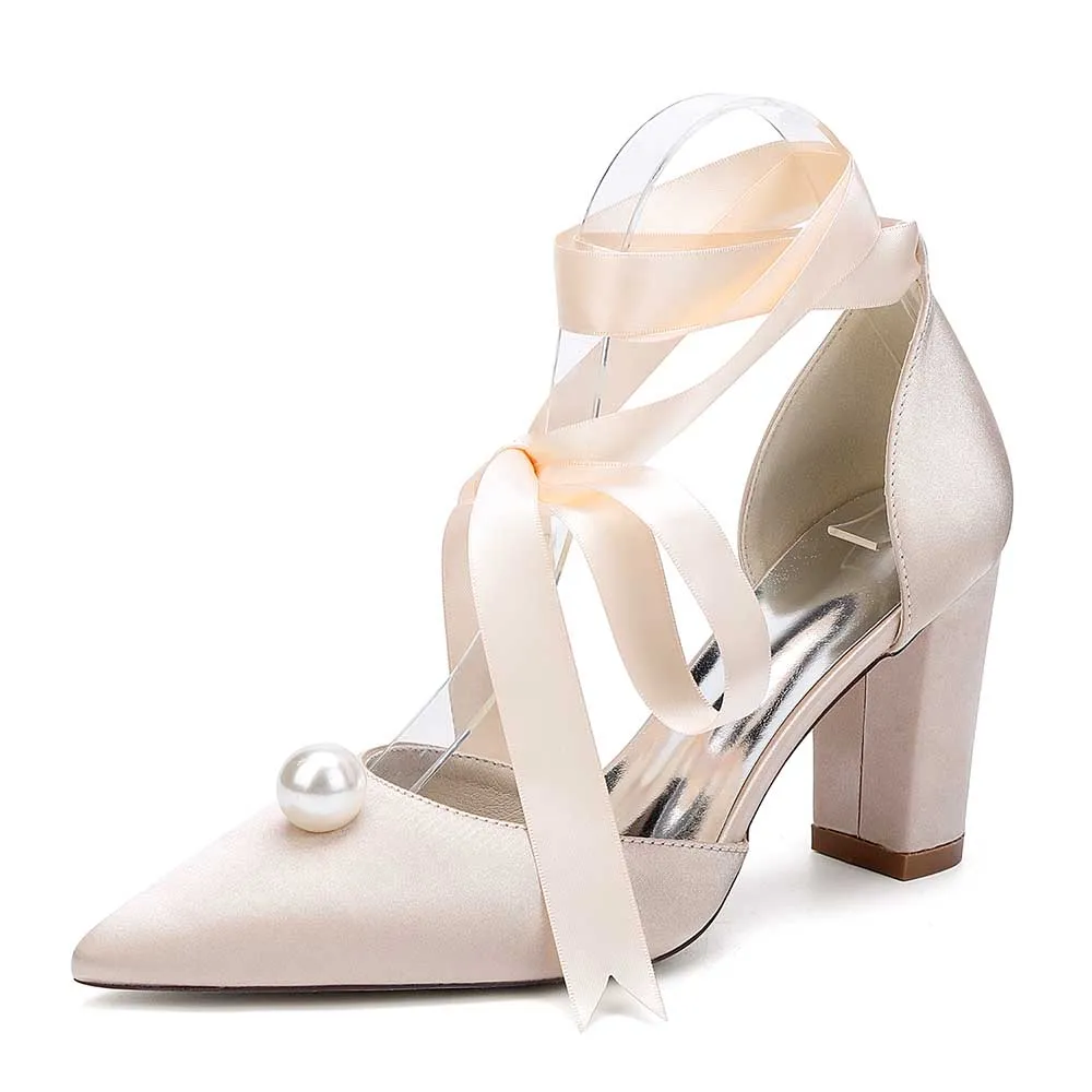 Women Chunky Heel Dress Shoes With Pearl Prom Heels Bridal Wedding Shoes