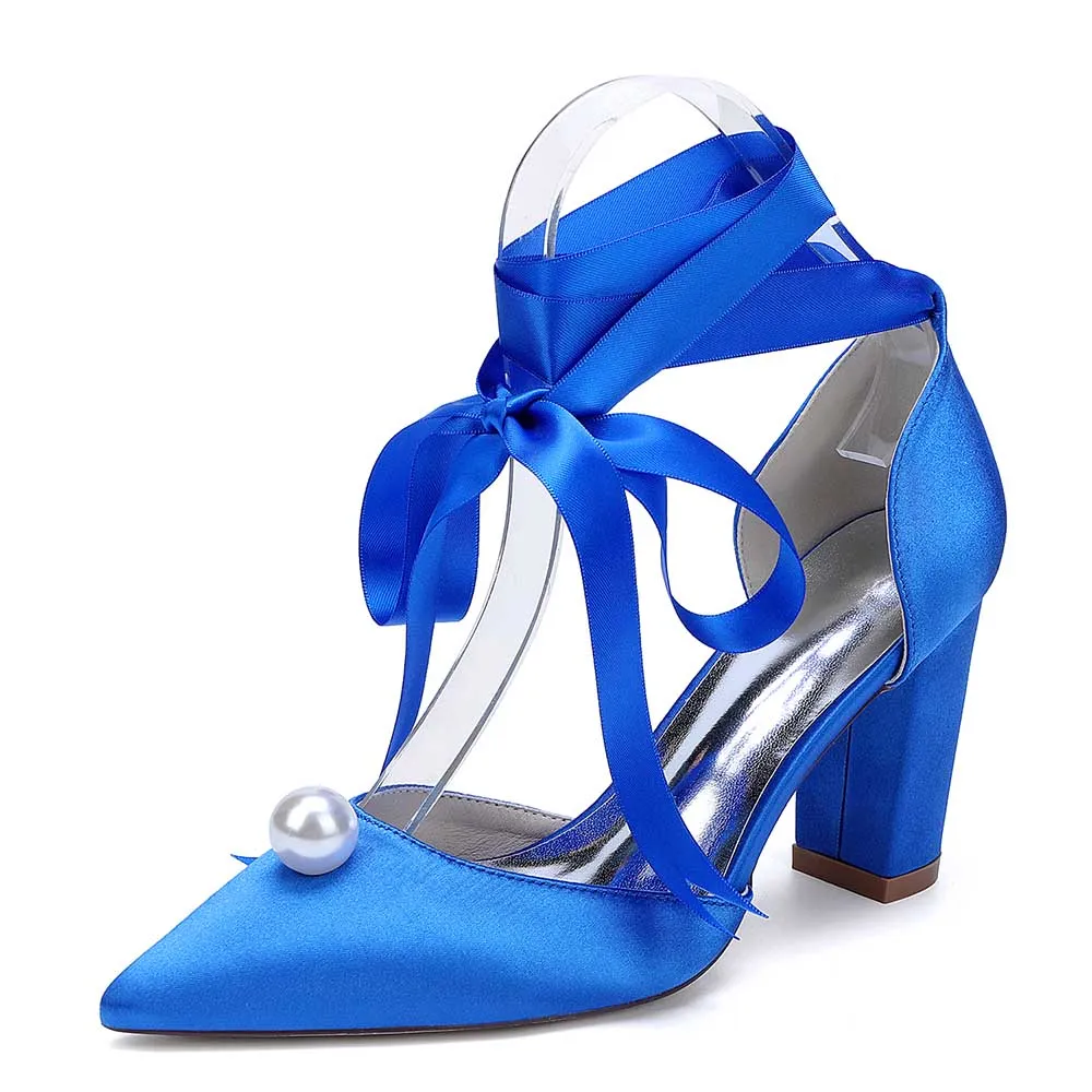 Women Chunky Heel Dress Shoes With Pearl Prom Heels Bridal Wedding Shoes
