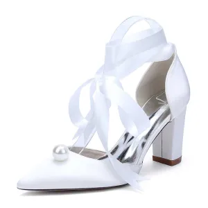 Women Chunky Heel Dress Shoes With Pearl Prom Heels Bridal Wedding Shoes
