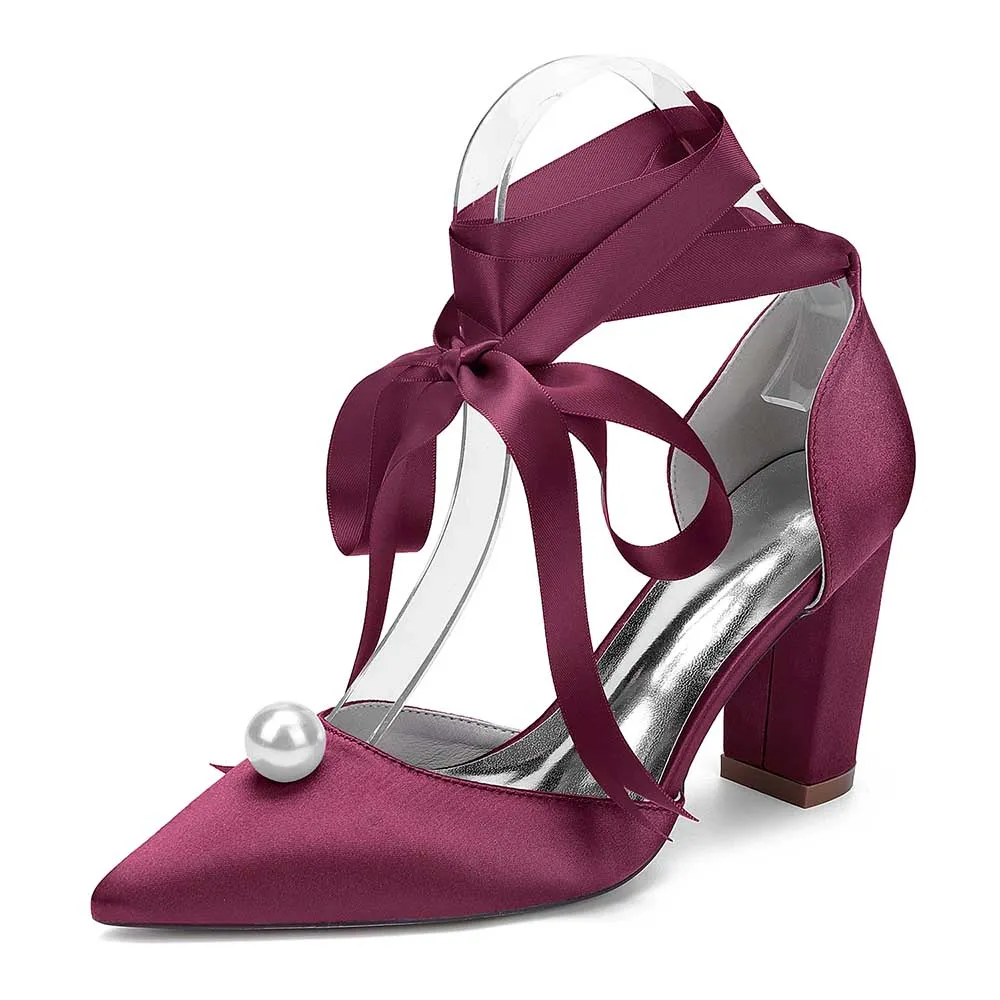 Women Chunky Heel Dress Shoes With Pearl Prom Heels Bridal Wedding Shoes