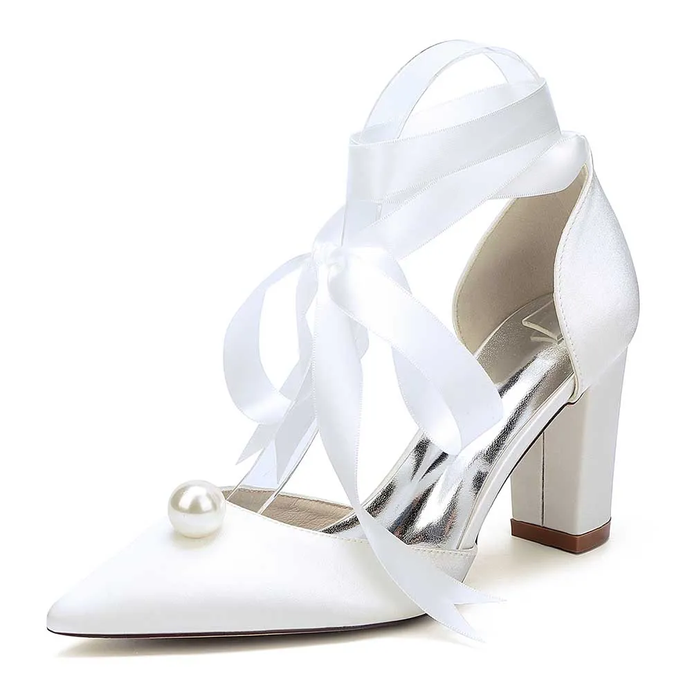 Women Chunky Heel Dress Shoes With Pearl Prom Heels Bridal Wedding Shoes