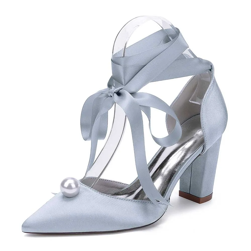 Women Chunky Heel Dress Shoes With Pearl Prom Heels Bridal Wedding Shoes
