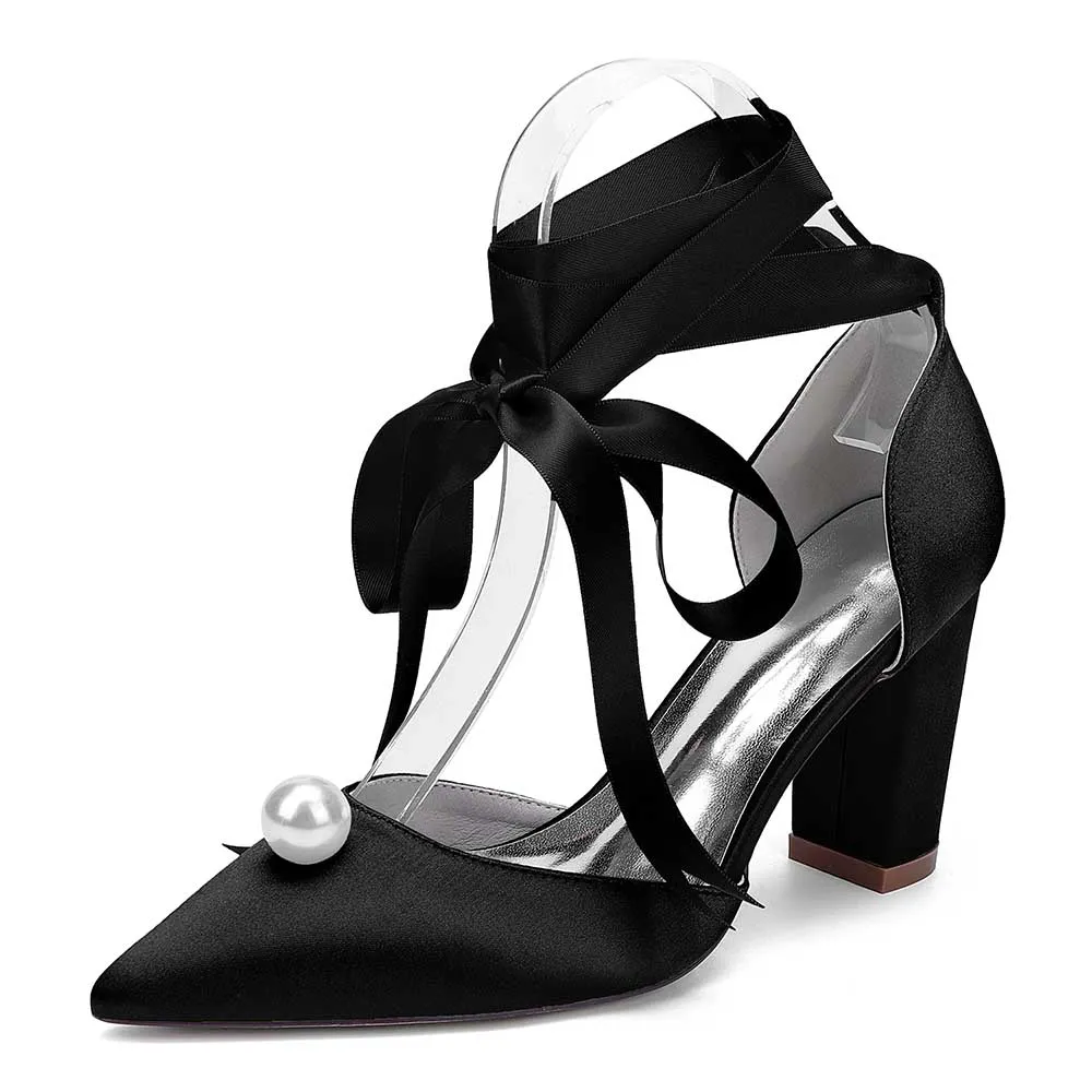 Women Chunky Heel Dress Shoes With Pearl Prom Heels Bridal Wedding Shoes
