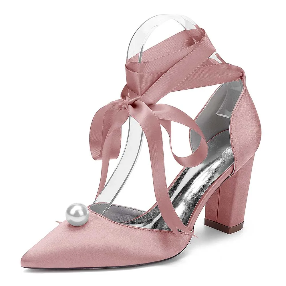 Women Chunky Heel Dress Shoes With Pearl Prom Heels Bridal Wedding Shoes