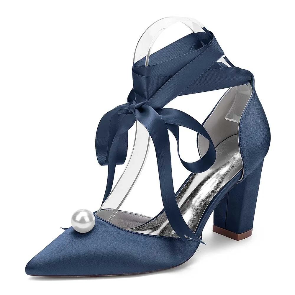 Women Chunky Heel Dress Shoes With Pearl Prom Heels Bridal Wedding Shoes