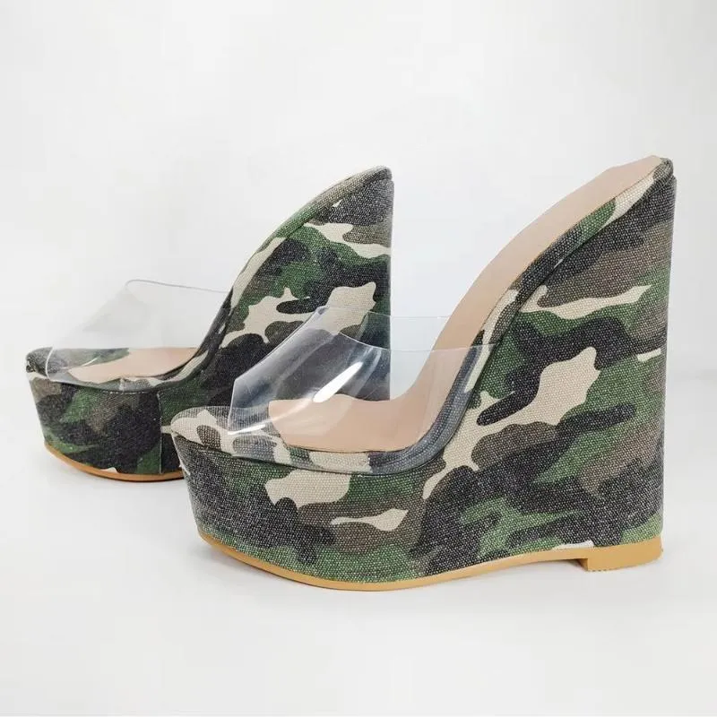 Women Platform Wedges Pumps Camouflage Clear Transparent PVC Sandals