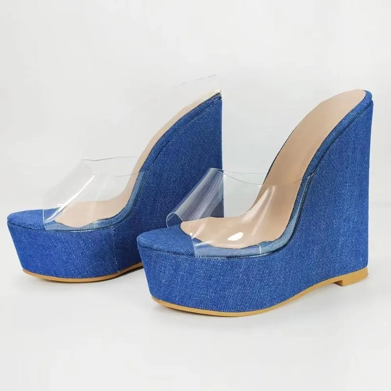Women Platform Wedges Slides Denim PVC Patchwork Pumps