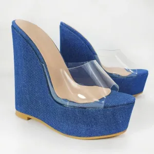 Women Platform Wedges Slides Denim PVC Patchwork Pumps