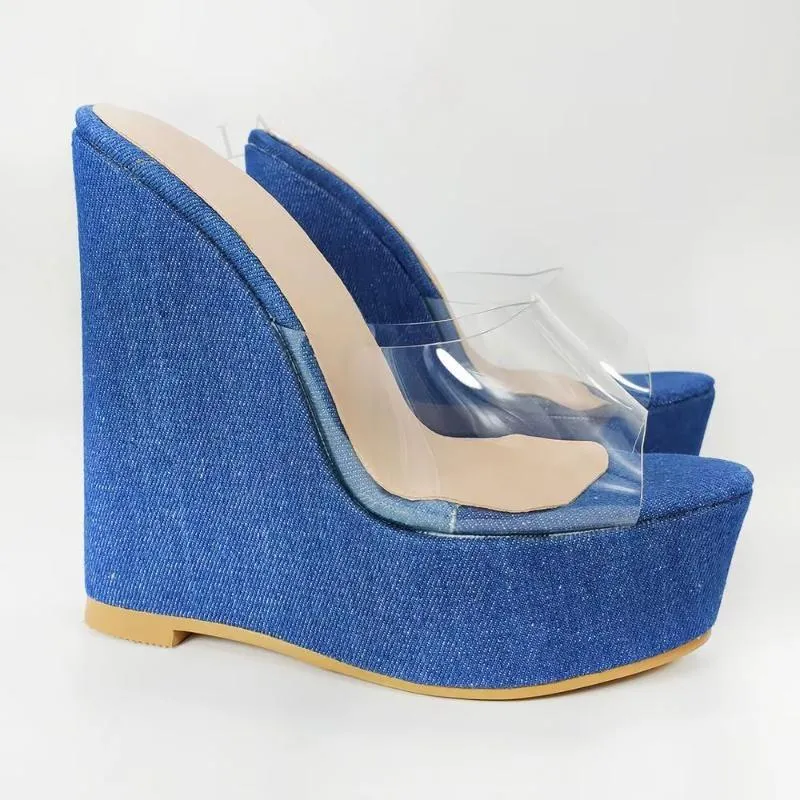 Women Platform Wedges Slides Denim PVC Patchwork Pumps