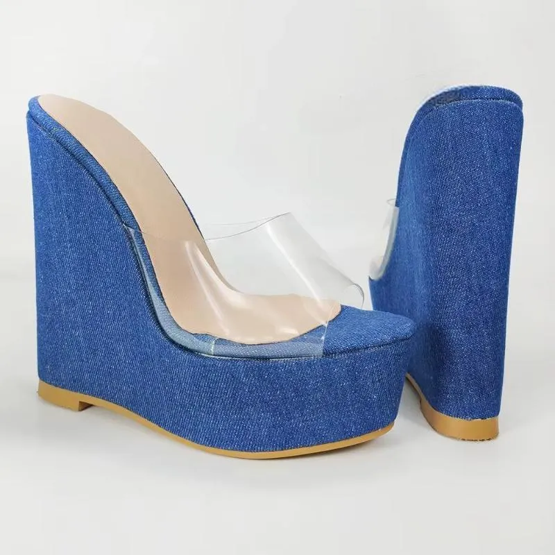 Women Platform Wedges Slides Denim PVC Patchwork Pumps