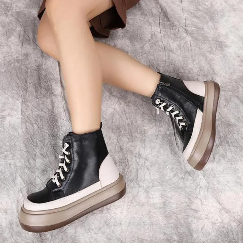 Women  Retro Zip Round Toe Mixed Colors Boots