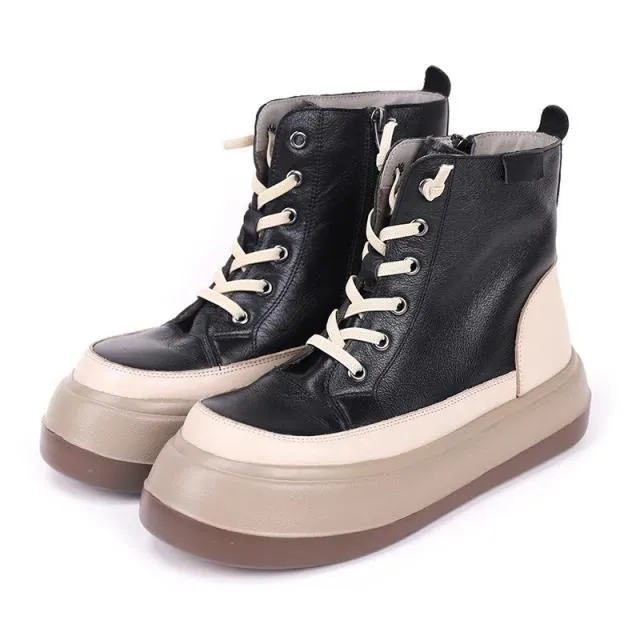 Women  Retro Zip Round Toe Mixed Colors Boots