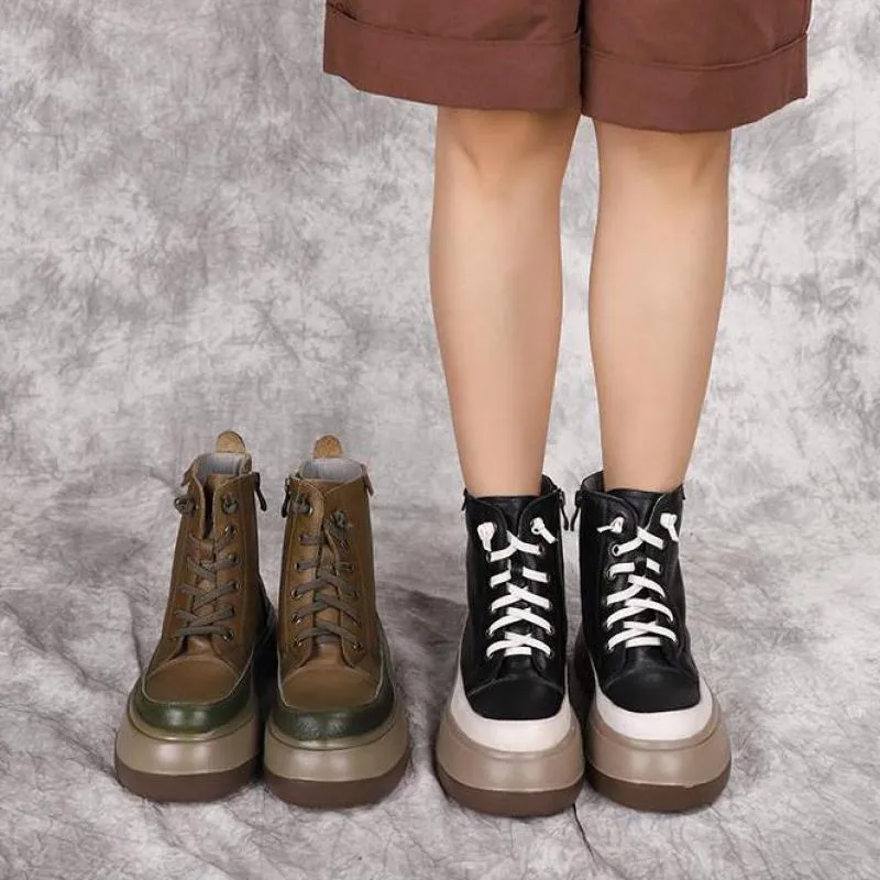 Women  Retro Zip Round Toe Mixed Colors Boots