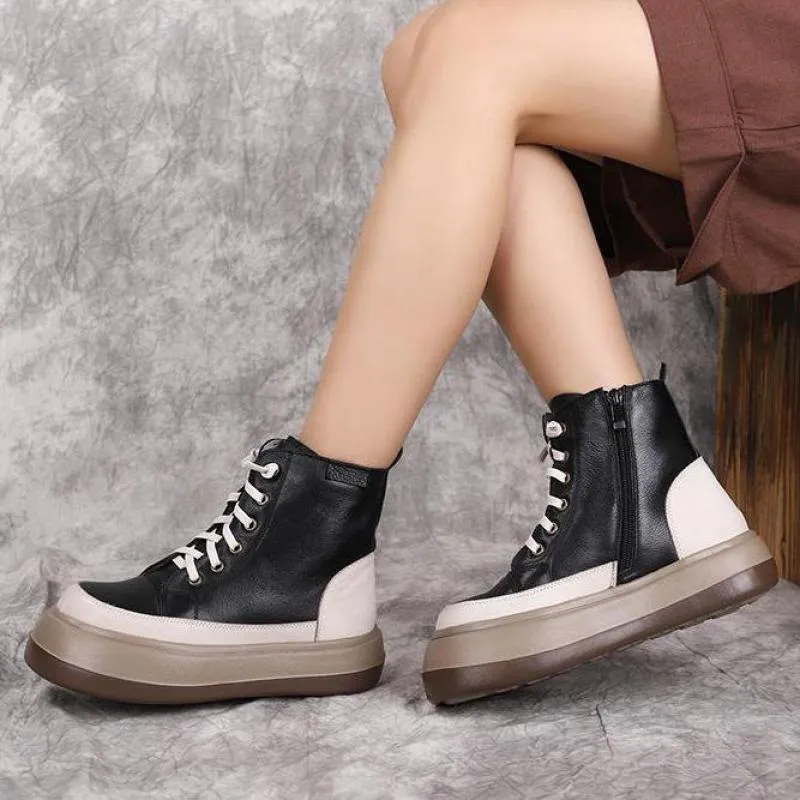 Women  Retro Zip Round Toe Mixed Colors Boots