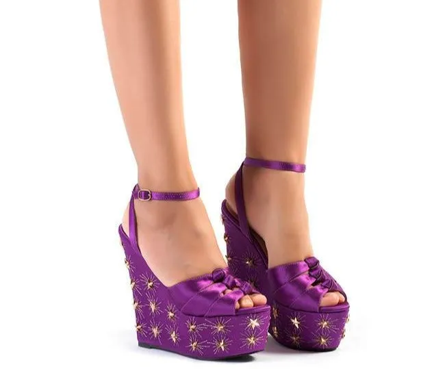 women summer new purple silk platform  shoes high heels peep toe ankle strap shoes gold star design sandals