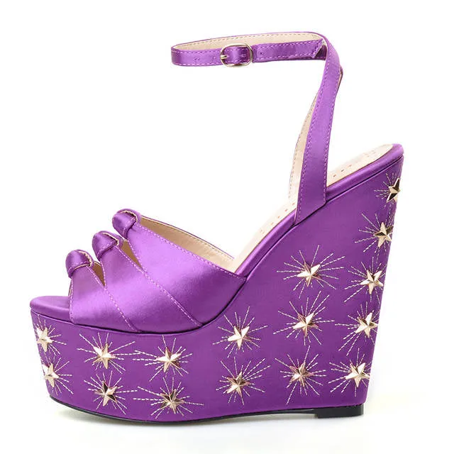 women summer new purple silk platform  shoes high heels peep toe ankle strap shoes gold star design sandals