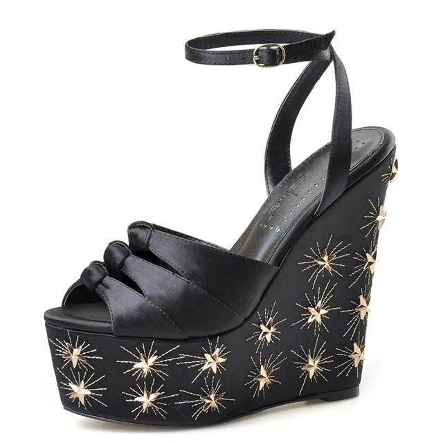 women summer new purple silk platform  shoes high heels peep toe ankle strap shoes gold star design sandals