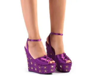 women summer new purple silk platform  shoes high heels peep toe ankle strap shoes gold star design sandals