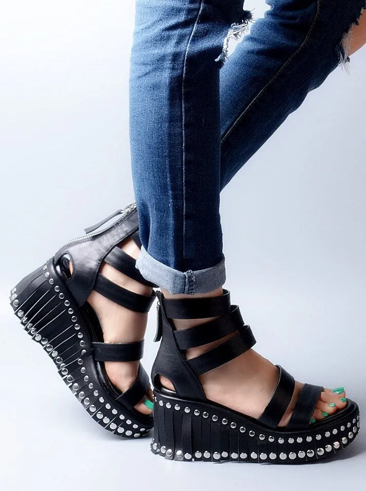 Women Wedge Sandals Summer Ankle Strap High Heel Platform Pump Shoes Woman Real Leather Tassels Rivet Sandal