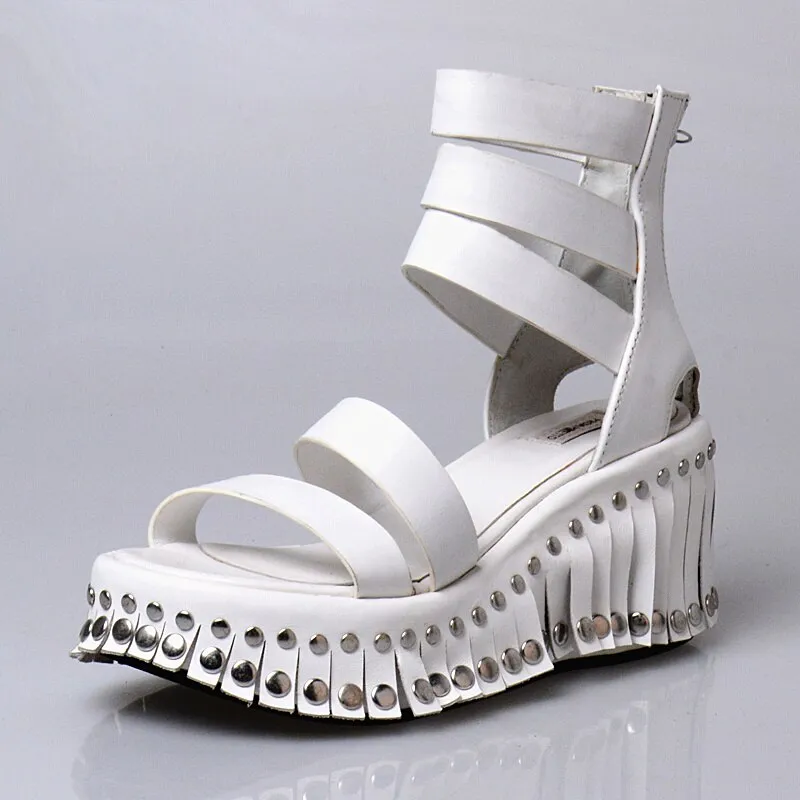 Women Wedge Sandals Summer Ankle Strap High Heel Platform Pump Shoes Woman Real Leather Tassels Rivet Sandal