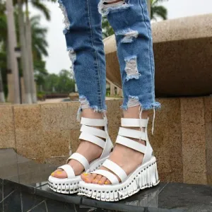 Women Wedge Sandals Summer Ankle Strap High Heel Platform Pump Shoes Woman Real Leather Tassels Rivet Sandal