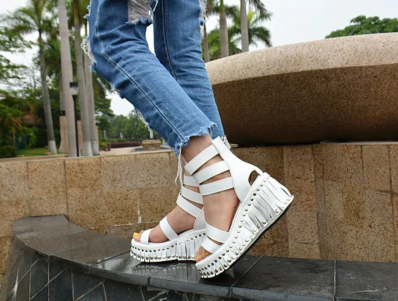 Women Wedge Sandals Summer Ankle Strap High Heel Platform Pump Shoes Woman Real Leather Tassels Rivet Sandal