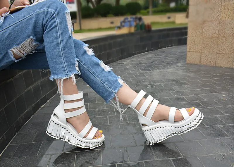 Women Wedge Sandals Summer Ankle Strap High Heel Platform Pump Shoes Woman Real Leather Tassels Rivet Sandal