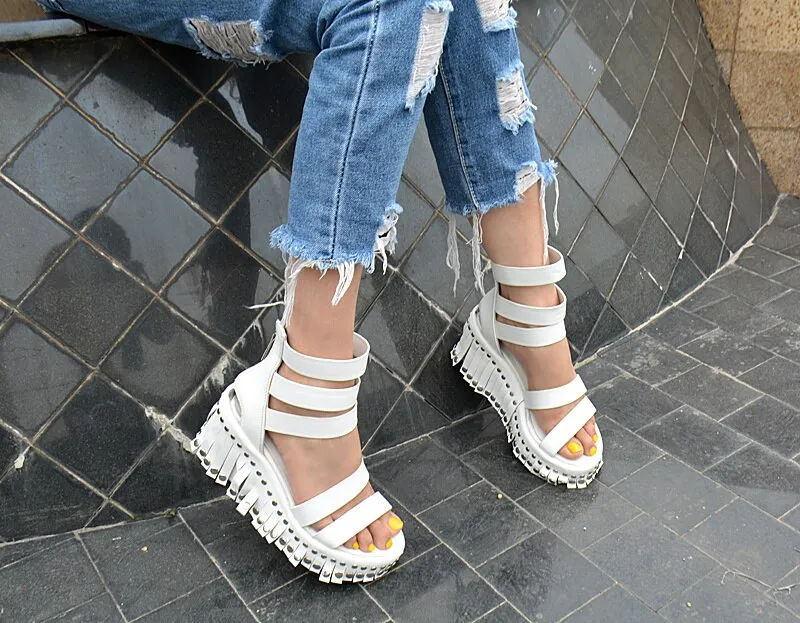 Women Wedge Sandals Summer Ankle Strap High Heel Platform Pump Shoes Woman Real Leather Tassels Rivet Sandal