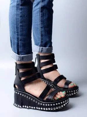 Women Wedge Sandals Summer Ankle Strap High Heel Platform Pump Shoes Woman Real Leather Tassels Rivet Sandal