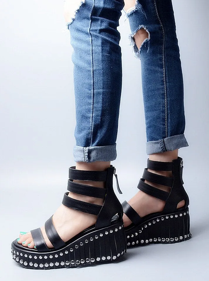 Women Wedge Sandals Summer Ankle Strap High Heel Platform Pump Shoes Woman Real Leather Tassels Rivet Sandal
