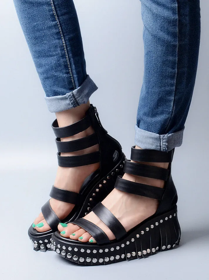 Women Wedge Sandals Summer Ankle Strap High Heel Platform Pump Shoes Woman Real Leather Tassels Rivet Sandal