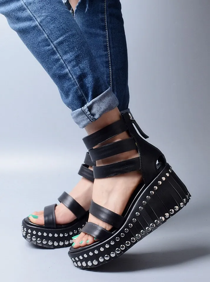 Women Wedge Sandals Summer Ankle Strap High Heel Platform Pump Shoes Woman Real Leather Tassels Rivet Sandal