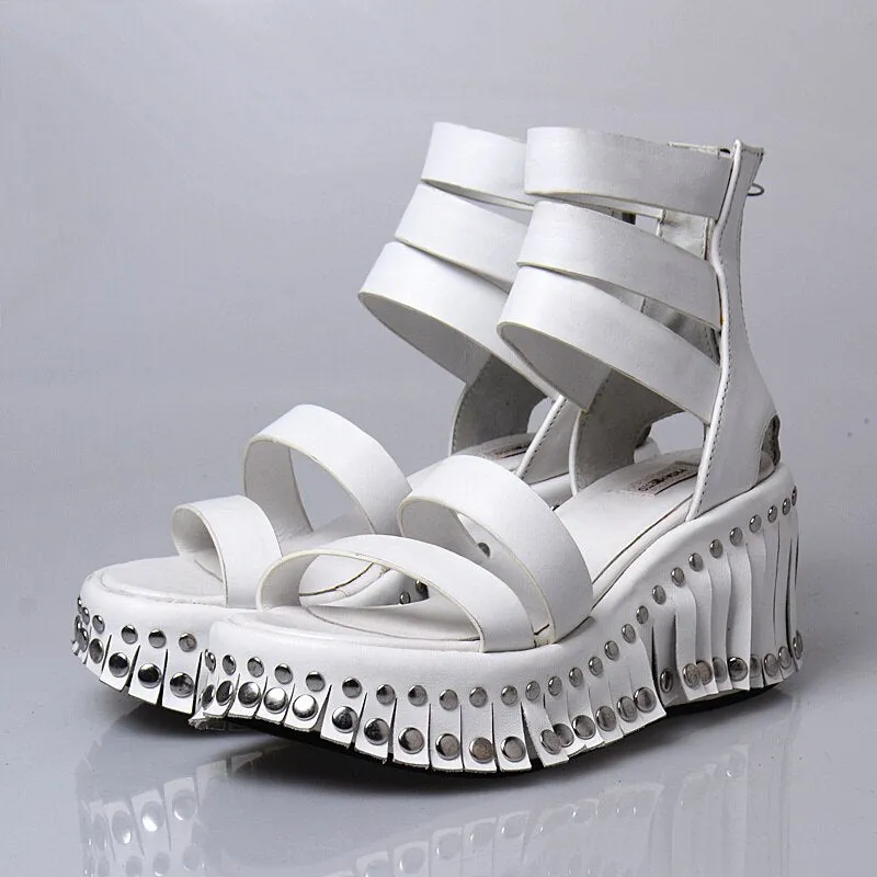 Women Wedge Sandals Summer Ankle Strap High Heel Platform Pump Shoes Woman Real Leather Tassels Rivet Sandal
