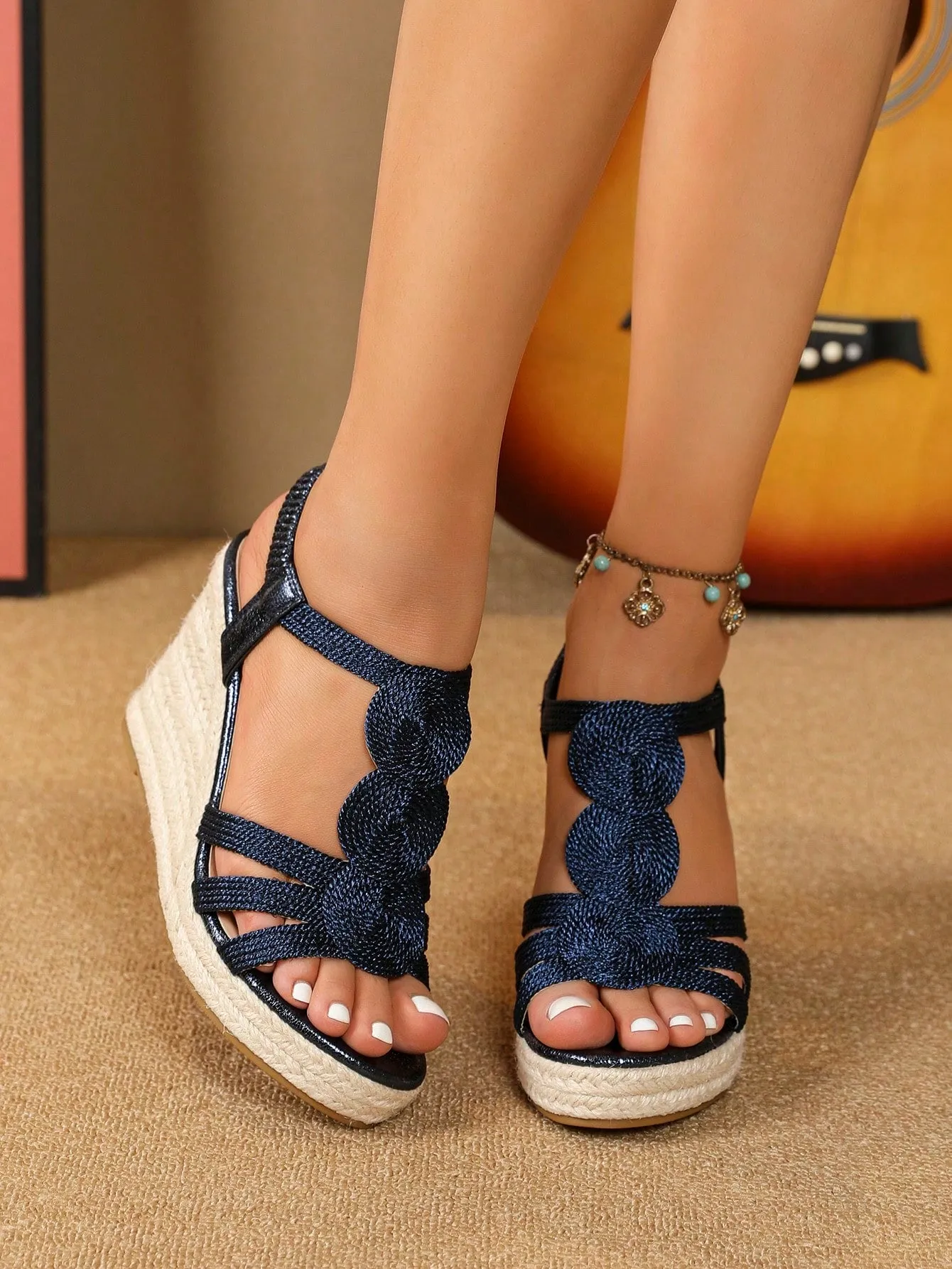 Women Woven Deatail Peep Toe Platform Wedges, Holiday Outdoor Sandals With  Soles