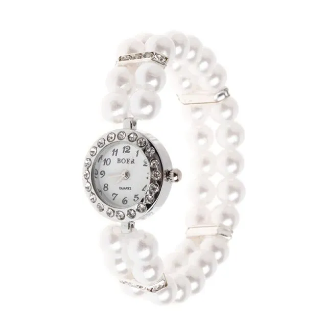 Women's Elegant Pearl And Rhinestone Wristwatch