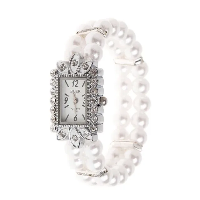Women's Elegant Pearl And Rhinestone Wristwatch