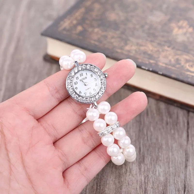 Women's Elegant Pearl And Rhinestone Wristwatch