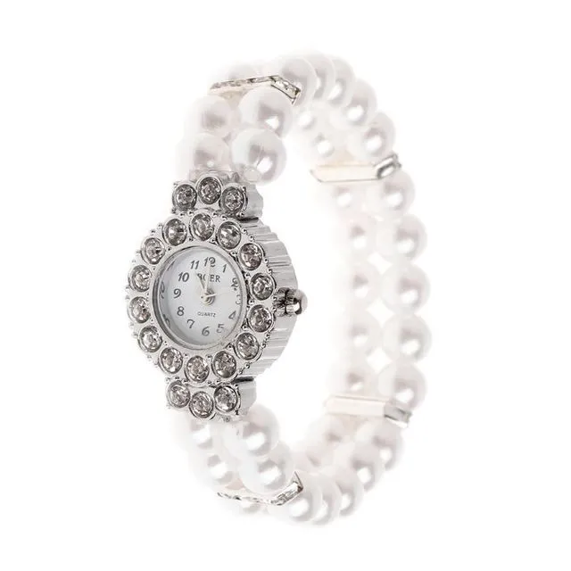 Women's Elegant Pearl And Rhinestone Wristwatch