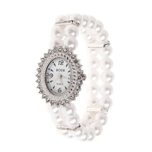 Women's Elegant Pearl And Rhinestone Wristwatch
