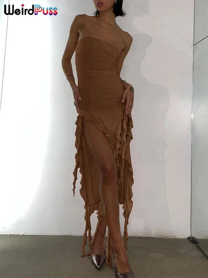 Women's Elegant Strapless Tassel Maxi Dress