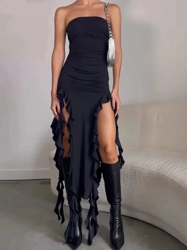 Women's Elegant Strapless Tassel Maxi Dress